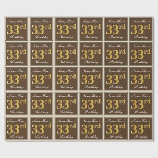 エレガント、ブラウン、フェイク金ゴールド33番目の誕生日+名前 ラッピングペーパー (フラット)