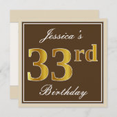 エレガント、ブラウン、フェイク金ゴールド33番目の誕生日+名前 招待状 (正面/裏面)