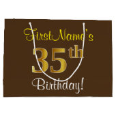 エレガント、ブラウン、フェイク金ゴールド35番目の誕生日+名前 ラージペーパーバッグ (裏面)