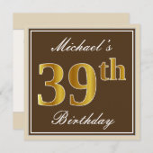 エレガント、ブラウン、フェイク金ゴールド39番目の誕生日+名前 招待状 (正面/裏面)