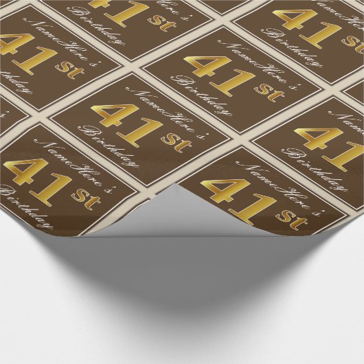 エレガント、ブラウン、フェイク金ゴールド41番目の誕生日+名前 ラッピングペーパー (角)