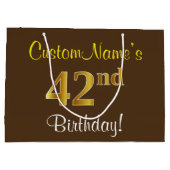 エレガント、ブラウン、フェイク金ゴールド42番目の誕生日+名前 ラージペーパーバッグ (裏面)