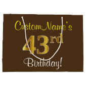 エレガント、ブラウン、フェイク金ゴールド43番目の誕生日+名前 ラージペーパーバッグ (裏面)