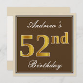 エレガント、ブラウン、フェイク金ゴールド52番目の誕生日+名前 招待状 (正面/裏面)