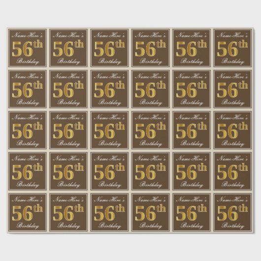 エレガント、ブラウン、フェイク金ゴールド56番目の誕生日+名前 ラッピングペーパー (フラット)