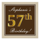 エレガント、ブラウン、フェイク金ゴールド57番目の誕生日+名前 ポスター (正面)