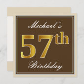 エレガント、ブラウン、フェイク金ゴールド57番目の誕生日+名前 招待状 (正面/裏面)
