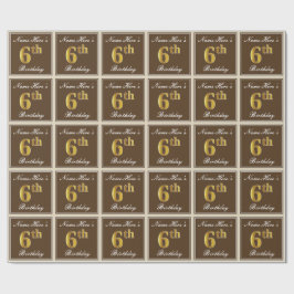 エレガント、ブラウン、フェイク金ゴールド6番目の誕生日+名前 ラッピングペーパー