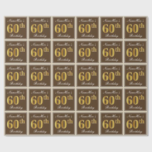 エレガント、ブラウン、フェイク金ゴールド60番目の誕生日+名前 ラッピングペーパー (フラット)