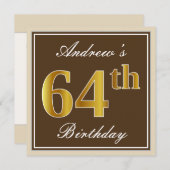 エレガント、ブラウン、フェイク金ゴールド64番目の誕生日+名前 招待状 (正面/裏面)