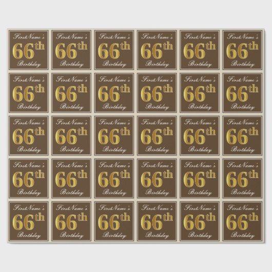 エレガント、ブラウン、フェイク金ゴールド66番目の誕生日+名前 ラッピングペーパー (フラット)