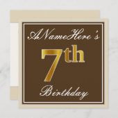 エレガント、ブラウン、フェイク金ゴールド7番目の誕生日+名前 招待状 (正面/裏面)