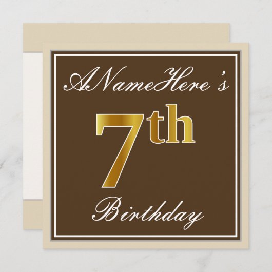 エレガント、ブラウン、フェイク金ゴールド7番目の誕生日+名前 招待状 (正面/裏面)