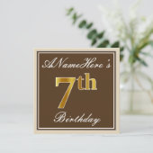 エレガント、ブラウン、フェイク金ゴールド7番目の誕生日+名前 招待状 (スタンド正面)