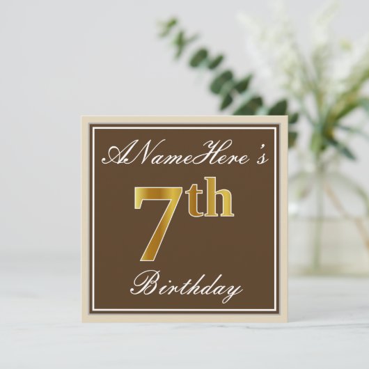 エレガント、ブラウン、フェイク金ゴールド7番目の誕生日+名前 招待状 (スタンド正面)