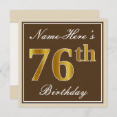 エレガント、ブラウン、フェイク金ゴールド76番目の誕生日+名前 招待状 (正面/裏面)