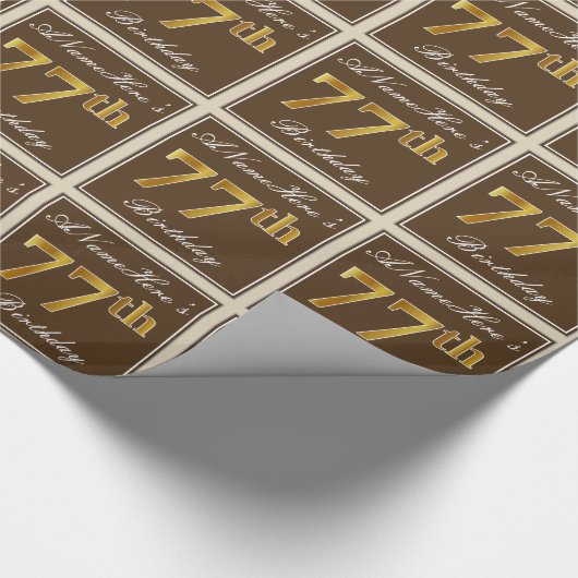 エレガント、ブラウン、フェイク金ゴールド77番目の誕生日+名前 ラッピングペーパー (角)