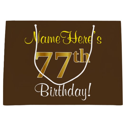 エレガント、ブラウン、フェイク金ゴールド77番目の誕生日+名前 ラージペーパーバッグ (正面)