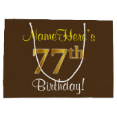 エレガント、ブラウン、フェイク金ゴールド77番目の誕生日+名前 ラージペーパーバッグ (裏面)