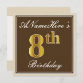 エレガント、ブラウン、フェイク金ゴールド8番目の誕生日+名前 招待状 (正面/裏面)
