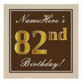 エレガント、ブラウン、フェイク金ゴールド82番目の誕生日+名前 ポスター (正面)