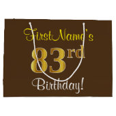 エレガント、ブラウン、フェイク金ゴールド83番目の誕生日+名前 ラージペーパーバッグ (裏面)