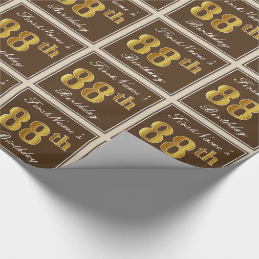 エレガント、ブラウン、フェイク金ゴールド88番目の誕生日+名前 ラッピングペーパー (角)