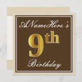 エレガント、ブラウン、フェイク金ゴールド9番目の誕生日+名前 招待状 (正面/裏面)