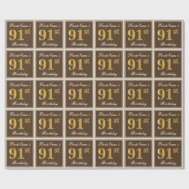 エレガント、ブラウン、フェイク金ゴールド91番目の誕生日+名前 ラッピングペーパー