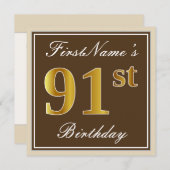 エレガント、ブラウン、フェイク金ゴールド91番目の誕生日+名前 招待状 (正面/裏面)