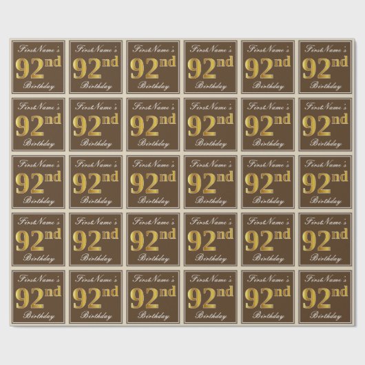 エレガント、ブラウン、フェイク金ゴールド92番目の誕生日+名前 ラッピングペーパー (フラット)