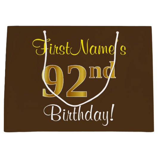 エレガント、ブラウン、フェイク金ゴールド92番目の誕生日+名前 ラージペーパーバッグ (正面)
