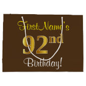 エレガント、ブラウン、フェイク金ゴールド92番目の誕生日+名前 ラージペーパーバッグ (裏面)