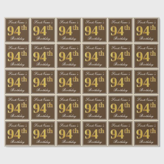 エレガント、ブラウン、フェイク金ゴールド94番目の誕生日+名前 ラッピングペーパー (フラット)