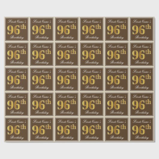 エレガント、ブラウン、フェイク金ゴールド96番目の誕生日+名前 ラッピングペーパー (フラット)