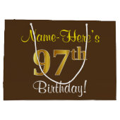 エレガント、ブラウン、フェイク金ゴールド97番目の誕生日+名前 ラージペーパーバッグ (裏面)