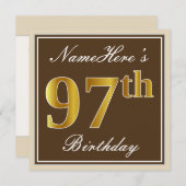 エレガント、ブラウン、フェイク金ゴールド97番目の誕生日+名前 招待状 (正面/裏面)