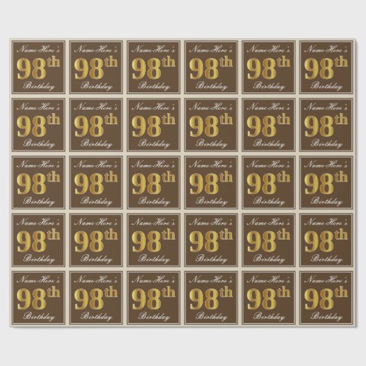 エレガント、ブラウン、フェイク金ゴールド98番目の誕生日+名前 ラッピングペーパー (フラット)