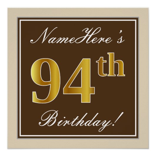 エレガント ブラウン 偽金色 94歳の誕生日 + 名前 ポスター (正面)