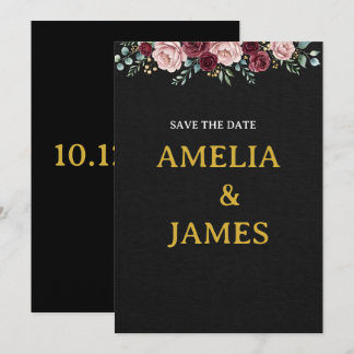 エレガント ブラックとバーガンディーのフラワー Save The Date