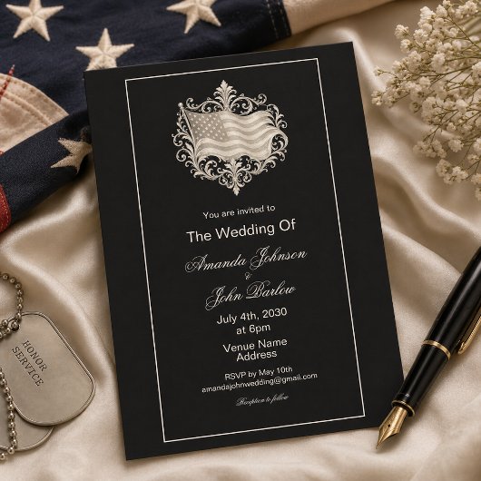 エレガント ブラック アメリカ国旗 軍人 結婚式  招待状
