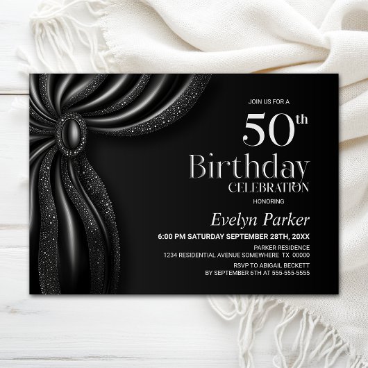 エレガント ブラック カーテン 50歳の誕生日パーティー 招待状