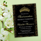 エレガント ブラック グリッター ゴールド クラウン スウィート 17 バースデー 招待状