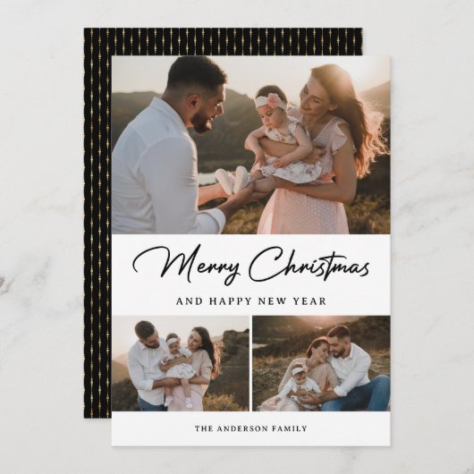 エレガント ブラック ゴールド カリグラフィー フォト コラージュ シーズンカード (正面/裏面)