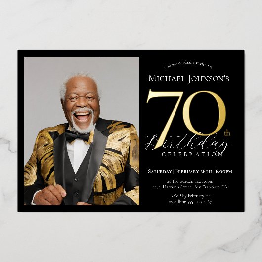 エレガント ブラック ゴールド フォト 70歳の誕生日 箔招待状 (正面)