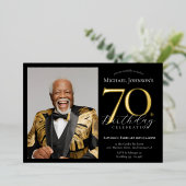 エレガント ブラック ゴールド フォト 70歳の誕生日 箔招待状 (立ち正面)