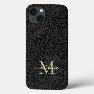 エレガント ブラック ゴールド フラワー スクリプト モノグラム iPhone 13ケース