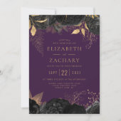 エレガント ブラック ゴールド フローラル パープル ウェディング 招待状 (正面)