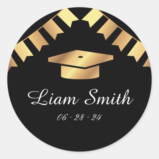 エレガント ブラック ゴールド 卒業 ラウンド ステッカー セット (正面)
