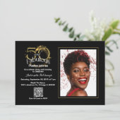 エレガント ブラック ゴールド 50 & ファビュラス QR コード バースデー 招待状 (スタンド正面)